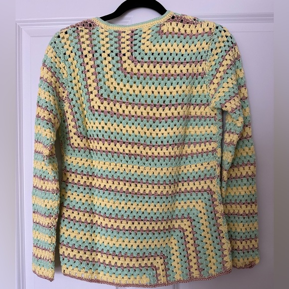 Happy Sheep Striped Boho Crochet Lace-Up Neck Medium Sweater Copper-Yellow-Mint - Picture 4 of 7